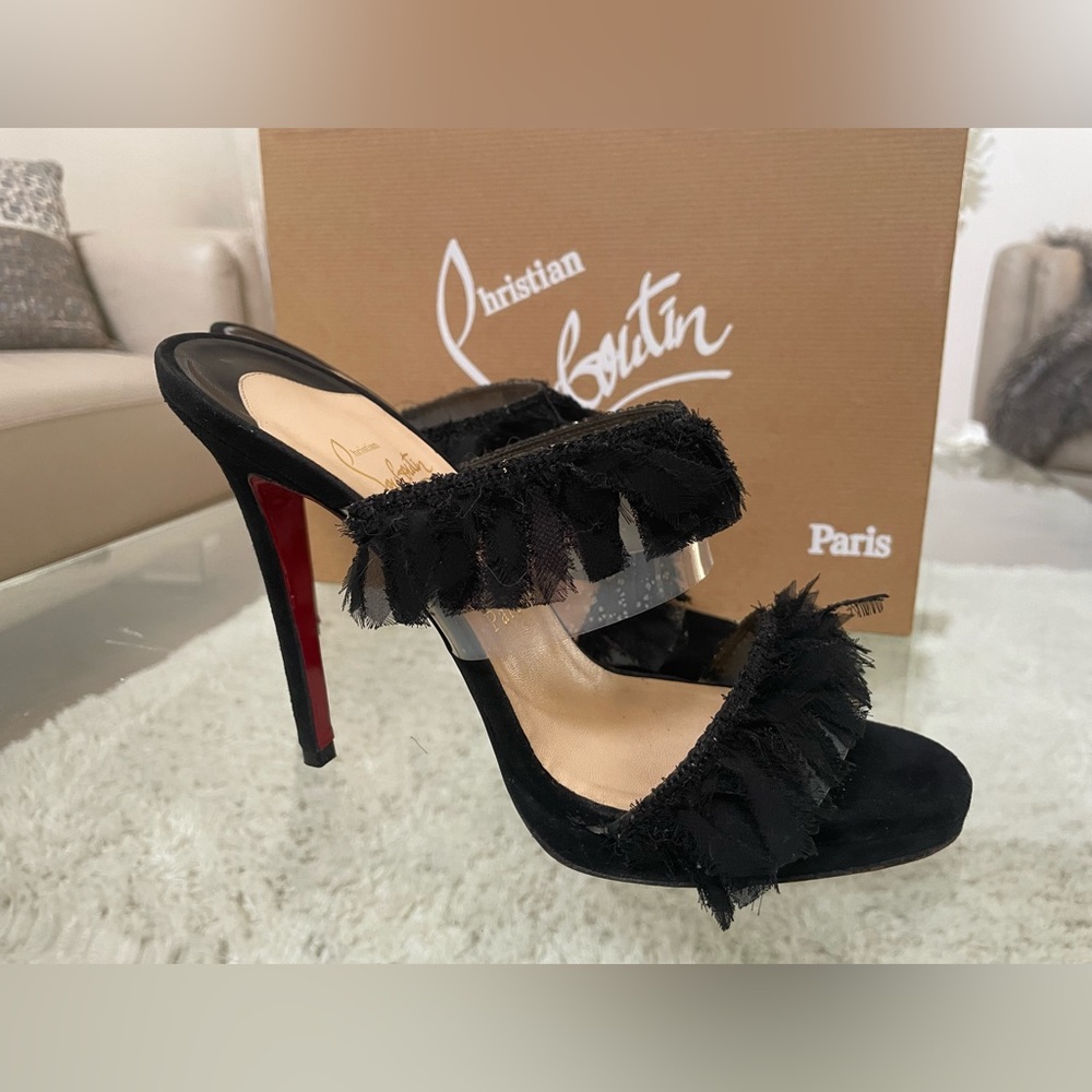 Christian Louboutin Black Suede Fringe Red Sole Mules